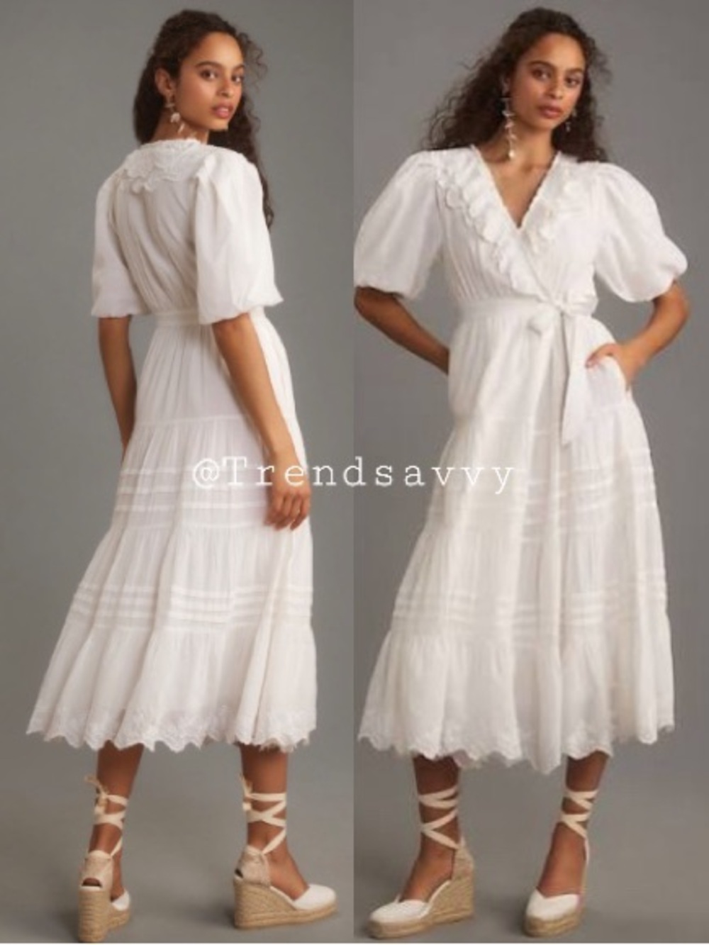 Anthropologie Love The Label White Ruffle Wrap Tiered Midi Dress XS Cotton
